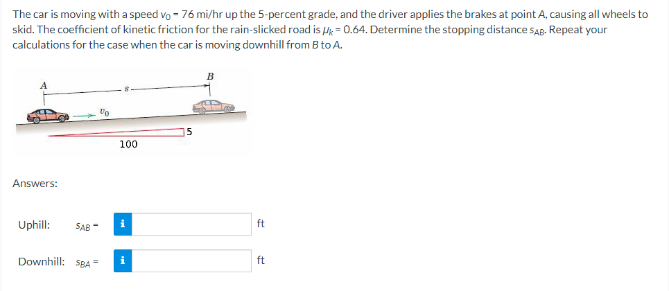 The car is moving with a speed vo = 76 mi/hr up the 5-percent grade, and the driver applies the brakes at point A, causing all wheels to
skid. The coefficient of kinetic friction for the rain-slicked road is Uk = 0.64. Determine the stopping distance SAB. Repeat your
calculations for the case when the car is moving downhill from B to A.
Answers:
Uphill:
SAB =
Downhill: SBA =
Vo
100
i
15
B
ft
ft