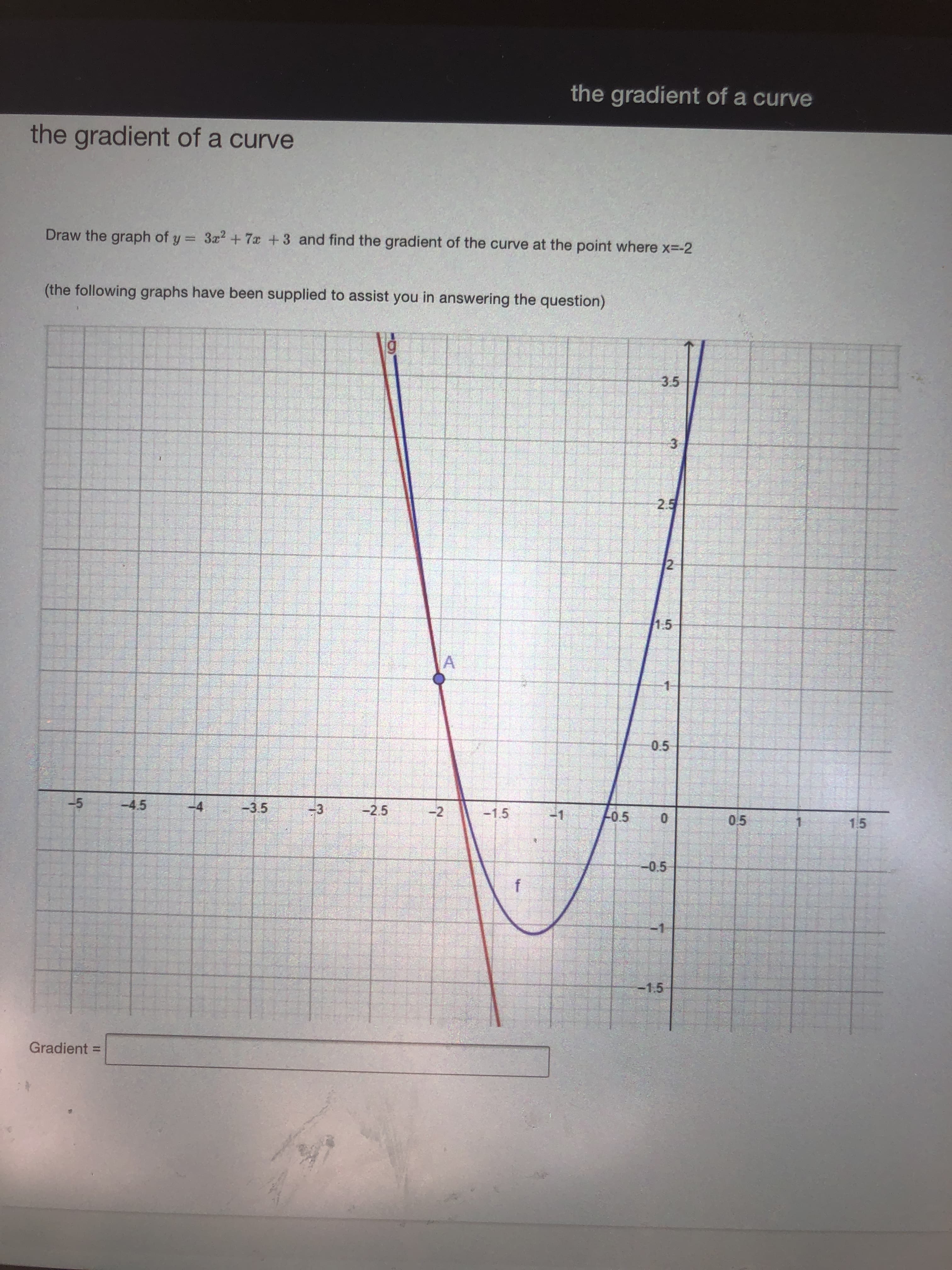 Draw the graph of y = 3x2+7x +3 and find the gradient of the curve at the point where x=-2
(the following graphs have been supplied to assist you in answering the question)
