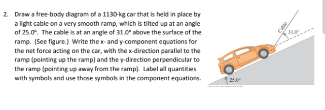 2. Draw a free-body diagram of a 1130-kg car that is held in place by
a light cable on a very smooth ramp, which is tilted up at an angle
of 25.0°. The cable is at an angle of 31.0° above the surface of the
ramp. (See figure.) Write the x- and y-component equations for
the net force acting on the car, with the x-direction parallel to the
ramp (pointing up the ramp) and the y-direction perpendicular to
the ramp (pointing up away from the ramp). Label all quantities
with symbols and use those symbols in the component equations.
25.0°
Cable
31.0