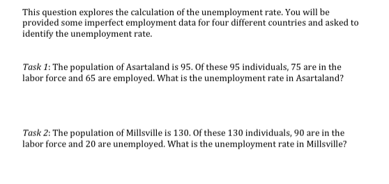 This question explores the calculation of the unemployment rate. You will be
provided some imperfect employment data for four different countries and asked to
identify the unemployment rate.
Task 1: The population of Asartaland is 95. Of these 95 individuals, 75 are in the
labor force and 65 are employed. What is the unemployment rate in Asartaland?
Task 2: The population of Millsville is 130. Of these 130 individuals, 90 are in the
labor force and 20 are unemployed. What is the unemployment rate in Millsville?