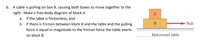 6. A cable is pulling on box B, causing both boxes to move together to the
right. Make a free-body diagram of block A
a. if the table is frictionless, and
b.
if there is friction between block B and the table and the pulling
force is equal in magnitude to the friction force the table exerts
on block B.
B
Horizontal table
Pull
