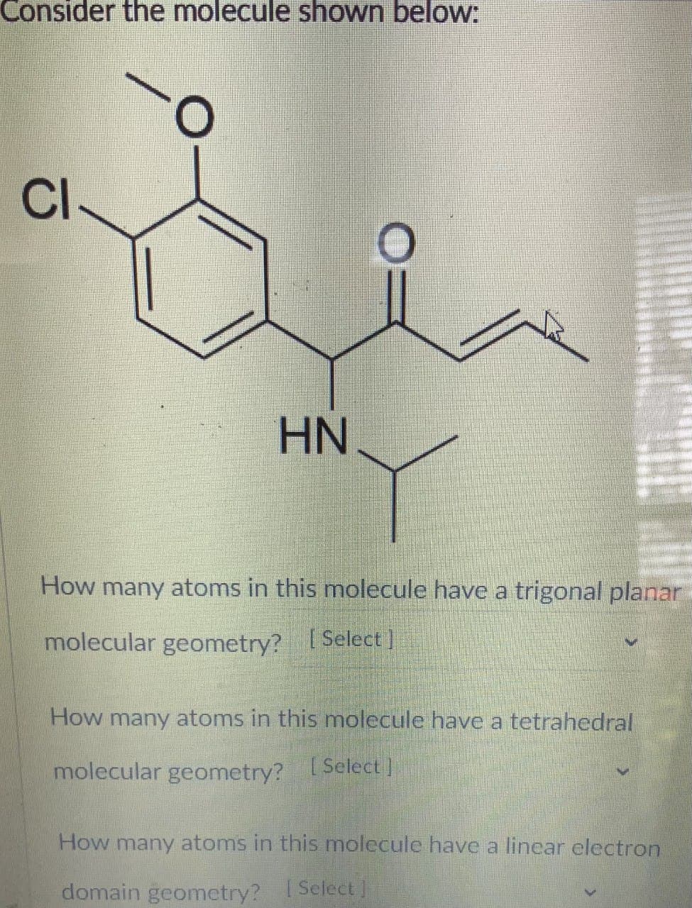 Consider the molecule shown below:
CI.
HN
How many atoms in this molecule have a trigonal planar
molecular geometry? [Select]
How many atoms in this molecule have a tetrahedral
molecular geometry? [Select]
How many atoms in this molecule have a linear electron
domain geometry? [Select]