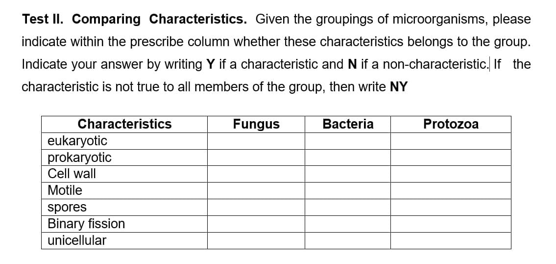 Test II. Comparing Characteristics. Given the groupings of microorganisms, please
indicate within the prescribe column whether these characteristics belongs to the group.
Indicate your answer by writing Y if a characteristic and N if a non-characteristic. If the
characteristic is not true to all members of the group, then write NY
Characteristics
Fungus
Bacteria
Protozoa
eukaryotic
prokaryotic
Cell wall
Motile
spores
Binary fission
unicellular
