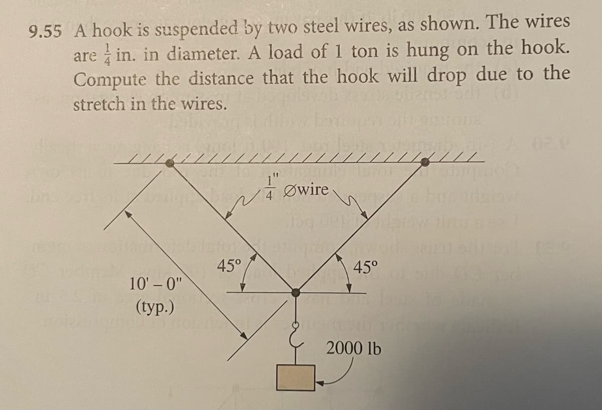 9.55 A hook is suspended by two steel wires, as shown. The wires
are in. in diameter. A load of 1 ton is hung on the hook.
Compute the distance that the hook will drop due to the
stretch in the wires.
////////
10'-0"
(typ.)
Nowire.
45°
45°
2000 lb
02.0
