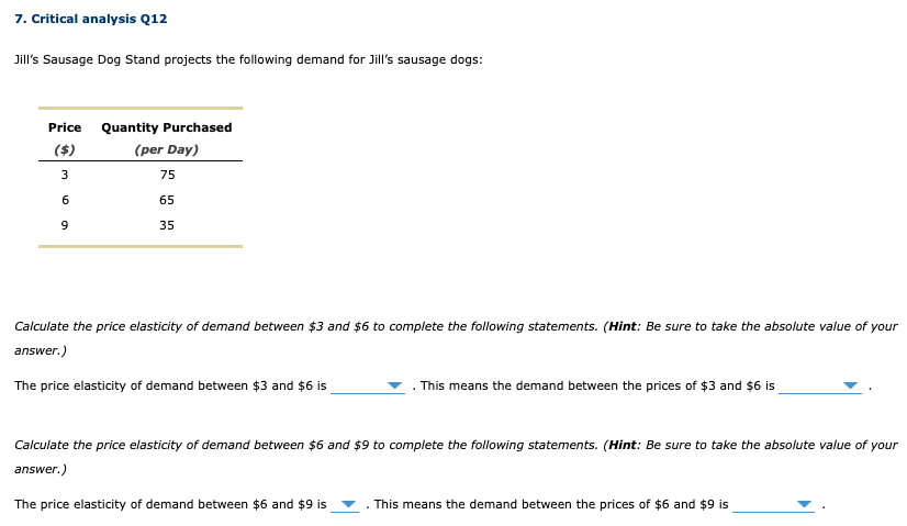 7. Critical analysis Q12
Jill's Sausage Dog Stand projects the following demand for Jill's sausage dogs:
Price
Quantity Purchased
($)
(per Day)
3
75
65
35
Calculate the price elasticity of demand between $3 and $6 to complete the following statements. (Hint: Be sure to take the absolute value of your
answer.)
The price elasticity of demand between $3 and $6 is
. This means the demand between the prices of $3 and $6 is
Calculate the price elasticity of demand between $6 and $9 to complete the following statements. (Hint: Be sure to take the absolute value of your
answer.)
The price elasticity of demand between $6 and $9 is
This means the demand between the prices of $6 and $9 is
9,
