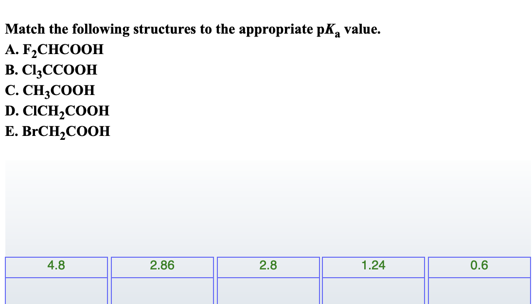 Match the following structures to the appropriate pKa
value.
А. F,CHCOOH
B. CI3CCOOH
C. CH3COOH
D. CICH,COOH
Е. BrCH,COOH
4.8
2.86
2.8
1.24
0.6
