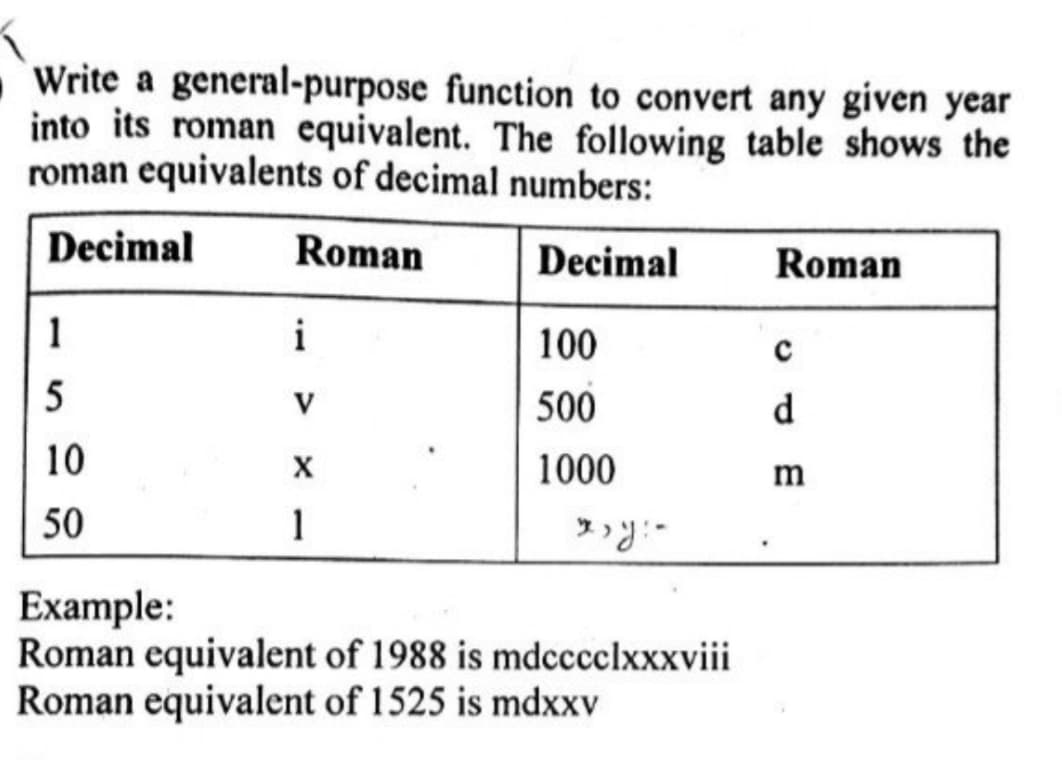 Write a general-purpose function to convert any given year
into its roman equivalent. The following table shows the
roman equivalents of decimal numbers:
Decimal
Roman
Decimal
Roman
1
i
100
5
500
d
10
1000
m
50
1
x,y:-
Example:
Roman equivalent of 1988 is mdcccclxxxviii
Roman equivalent of 1525 is mdxxv
V
X