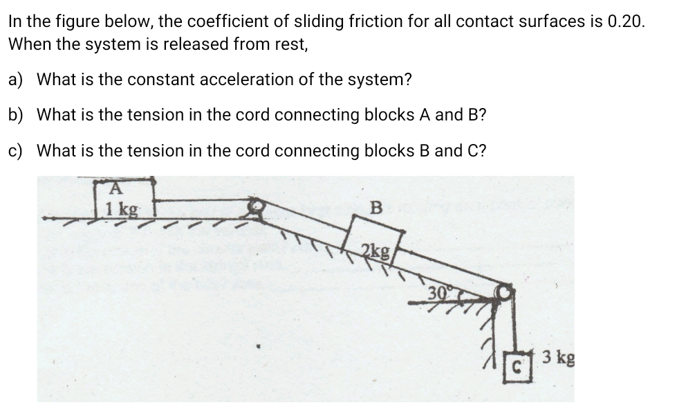 In the figure below, the coefficient of sliding friction for all contact surfaces is 0.20.
When the system is released from rest,
a) What is the constant acceleration of the system?
b) What is the tension in the cord connecting blocks A and B?
c) What is the tension in the cord connecting blocks B and C?
B
1 kg
2kg
3 kg
