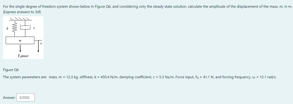 For the single degree of freedom system shown below in Figure Q6, and considering only the steady state solution, calculate the amplitude of the displacement of the mass, m, in m.
(Express answers to 3sf)
m
Fosincot
Figure Q6
The system parameters are: mass, m = 12.3 kg, stiffness, k = 450.4 N/m, damping coefficient, c = 5.3 Ns/m, Force input, F = 41.1 N, and forcing frequency, w = 12.1 rad/s.
Answer: 0.0302