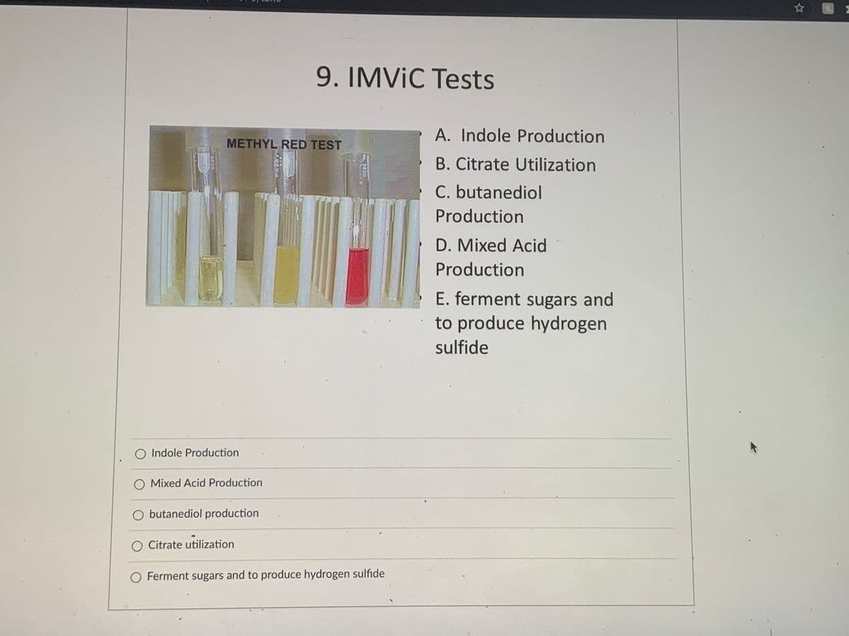 9. IMVIC Tests
A. Indole Production
METHYL RED TEST
B. Citrate Utilization
C. butanediol
Production
D. Mixed Acid
Production
E. ferment sugars and
to produce hydrogen
sulfide
O Indole Production
Mixed Acid Production
butanediol production
O Citrate utilization
Ferment sugars and to produce hydrogen sulfide
No 7020
