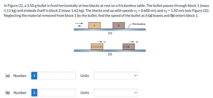 In Figure (1), a 3.50 g bullet is fired horizontally at two blocks at rest on a frictionless table. The bullet passes through block 1 (mass
1.11 kg) and embeds itself in block 2 (mass 1.62 kg). The blocks end up with speeds v₁ = 0.600 m/s and v₂ = 1.50 m/s (see Figure (2)).
Neglecting the material removed from block 1 by the bullet, find the speed of the bullet as it (a) leaves and (b) enters block 1.
Frictionless
(a) Number
(b) Number
Units
Units
(1)
(2)