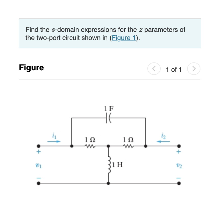 Find the s-domain expressions for the z parameters of
the two-port circuit shown in (Figure 1).
Figure
+
01
1Ω
1 F
не
1Ω
ww
1 H
<
1 of 1
22
>