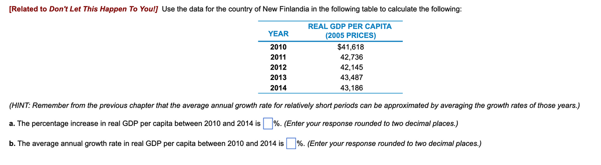 [Related to Don't Let This Happen To You!] Use the data for the country of New Finlandia in the following table to calculate the following:
REAL GDP PER CAPITA
(2005 PRICES)
YEAR
2010
2011
2012
2013
2014
$41,618
42,736
42,145
43,487
43,186
(HINT: Remember from the previous chapter that the average annual growth rate for relatively short periods can be approximated by averaging the growth rates of those years.)
a. The percentage increase in real GDP per capita between 2010 and 2014 is %. (Enter your response rounded to two decimal places.)
b. The average annual growth rate in real GDP per capita between 2010 and 2014 is %. (Enter your response rounded to two decimal places.)