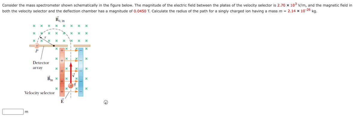 kg.
2.14 x 10-26
Consider the mass spectrometer shown schematically in the figure below. The magnitude of the electric field between the plates of the velocity selector is 2.70 x 103 V/m, and the magnetic field in
both the velocity selector and the deflection chamber has a magnitude of 0.0450 T. Calculate the radius of the path for a singly charged ion having a mass m =
Bo.
'0, in
P
Detector
array
Bin
Velocity selector
É
XA
