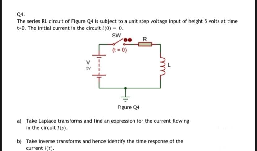 Q4.
The series RL circuit of Figure Q4 is subject to a unit step voltage input of height 5 volts at time
t-0. The initial current in the circuit i(0) = 0.
sw
(t = 0)
Figure Q4
a) Take Laplace transforms and find an expression for the current flowing
in the circuit /(s).
b) Take inverse transforms and hence identify the time response of the
current i(t).
