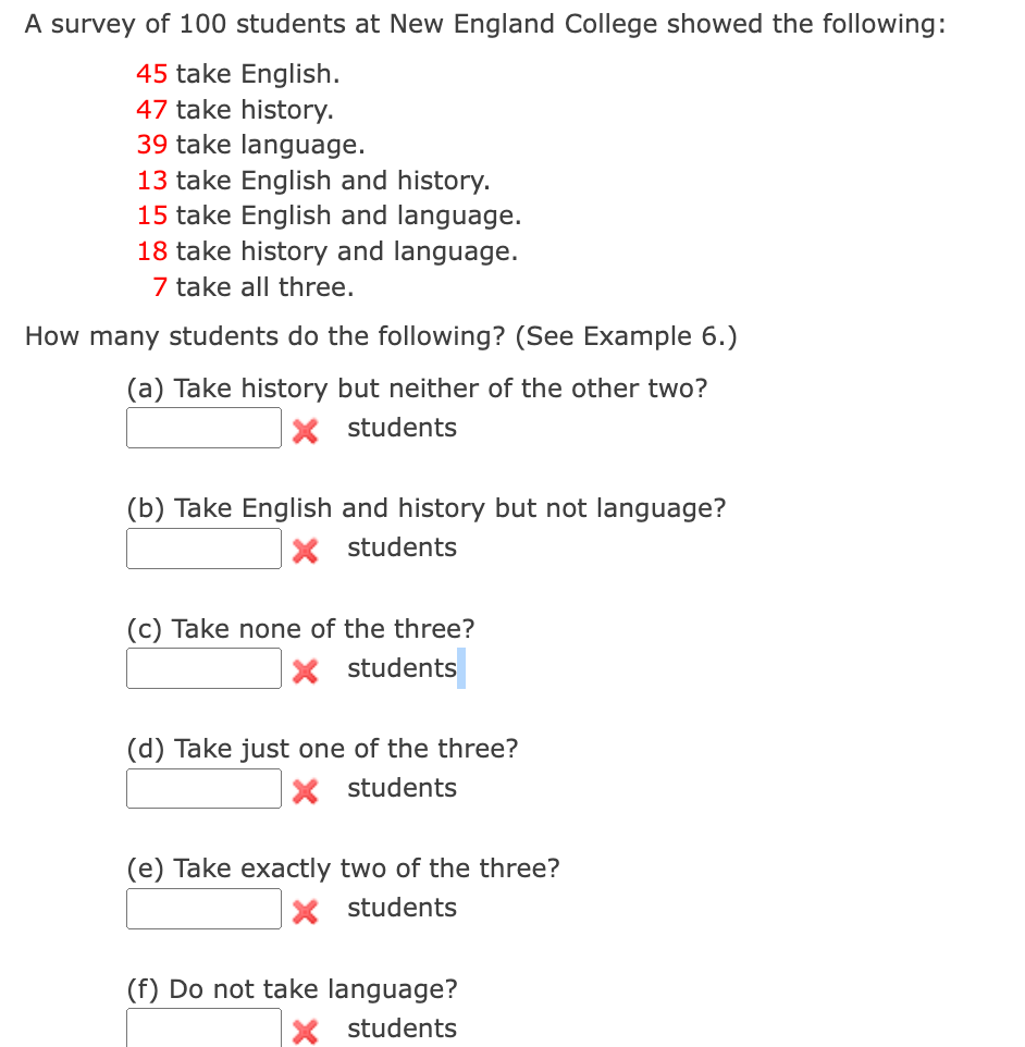 A survey of 100 students at New England College showed the following:
45 take English.
47 take history.
39 take language.
13 take English and history.
15 take English and language.
18 take history and language.
7 take all three.
How many students do the following? (See Example 6.)
(a) Take history but neither of the other two?
X students
(b) Take English and history but not language?
X students
(c) Take none of the three?
X students
(d) Take just one of the three?
X students
(e) Take exactly two of the three?
X students
(f) Do not take language?
X students