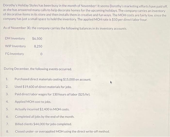 Dorothy's Holiday Styles has been busy in the month of November! It seems Dorothy's marketing efforts have paid off,
as she has answered many calls to help decorate homes for the upcoming holidays. The company carries an inventory
of decorative items in its store and then installs them in creative and fun ways. The MOH costs are fairly low, since the
company has just a small space to hold the inventory. The applied MOH rate is $10 per direct labor hour.
As of November 30, the company carries the following balances in its inventory accounts.
DM Inventory
WIP Inventory
FG Inventory
1.
During December, the following events occurred.
2.
3.
4.
5.
6.
7.
$6,500
8,250
8.
0
Purchased direct materials costing $15,000 on account.
Used $19,600 of direct materials for jobs.
Paid direct labor wages for 130 hours of labor ($25/hr).
Applied MOH cost to jobs.
Actually incurred $2,400 in MOH costs.
Completed all jobs by the end of the month.
Billed clients $44,000 for jobs completed.
Closed under-or overapplied MOH using the direct write-off method.