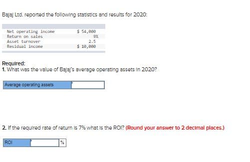 Bajaj Ltd. reported the following statistics and results for 2020:
Net operating income
Return on sales
$ 54,000
Asset turnover
2.5
Residual income
$ 10,880
Required:
1. What was the value of Bajaj's average operating assets in 2020?
Average operating assets
2 If the required rate of return is 7% what Is the ROI? (Round your answer to 2 decimal places.)
ROI
