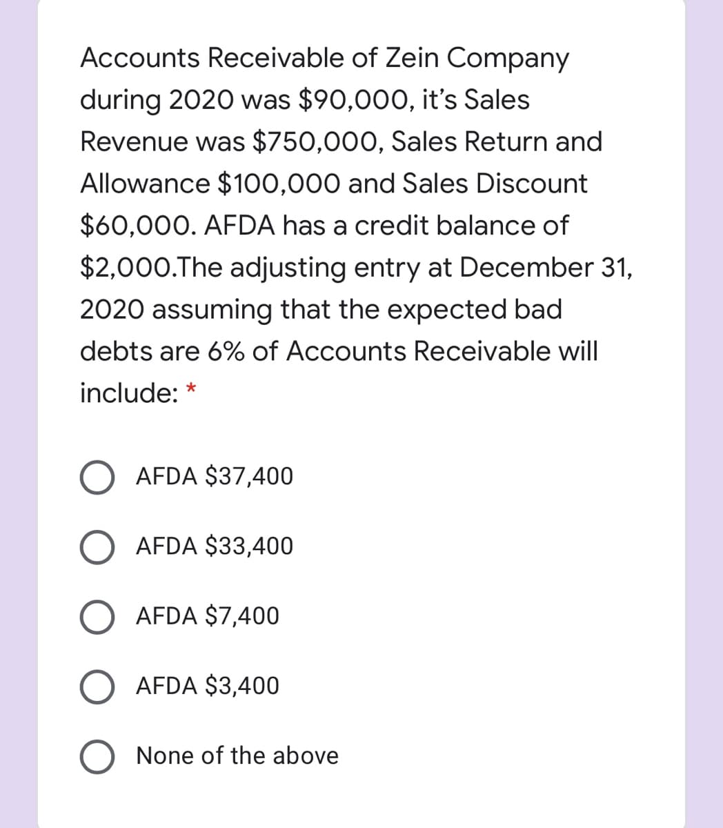 Accounts Receivable of Zein Company
during 2020 was $90,000, it's Sales
Revenue was $750,000, Sales Return and
Allowance $100,000 and Sales Discount
$60,000. AFDA has a credit balance of
$2,000.The adjusting entry at December 31,
2020 assuming that the expected bad
debts are 6% of Accounts Receivable will
include: *
AFDA $37,400
O AFDA $33,400
AFDA $7,400
AFDA $3,400
None of the above
