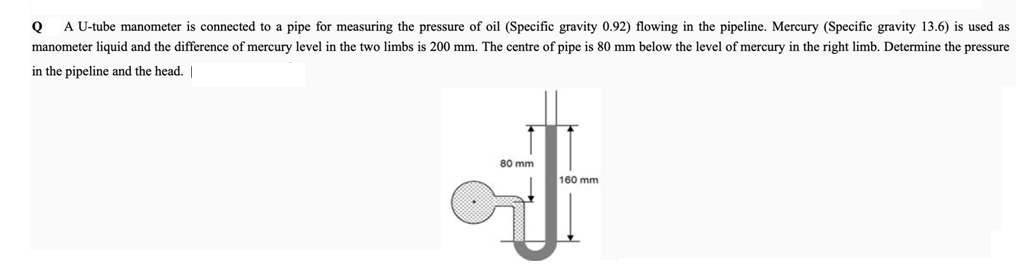 A U-tube manometer is connected to a pipe for measuring the pressure of oil (Specific gravity 0.92) flowing in the pipeline. Mercury (Specific gravity 13.6) is used as
manometer liquid and the difference of mercury level in the two limbs is 200 mm. The centre of pipe is 80 mm below the level of mercury in the right limb. Determine the pressure
in the pipeline and the head. |
80 mm
160 mm
