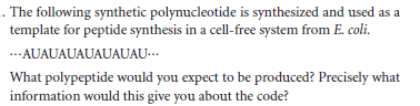 . The following synthetic polynucleotide is synthesized and used as a
template for peptide synthesis in a cell-free system from E. coli.
.AUAUAUAUAUAUAU-.
What polypeptide would you expect to be produced? Precisely what
information would this give you about the code?
