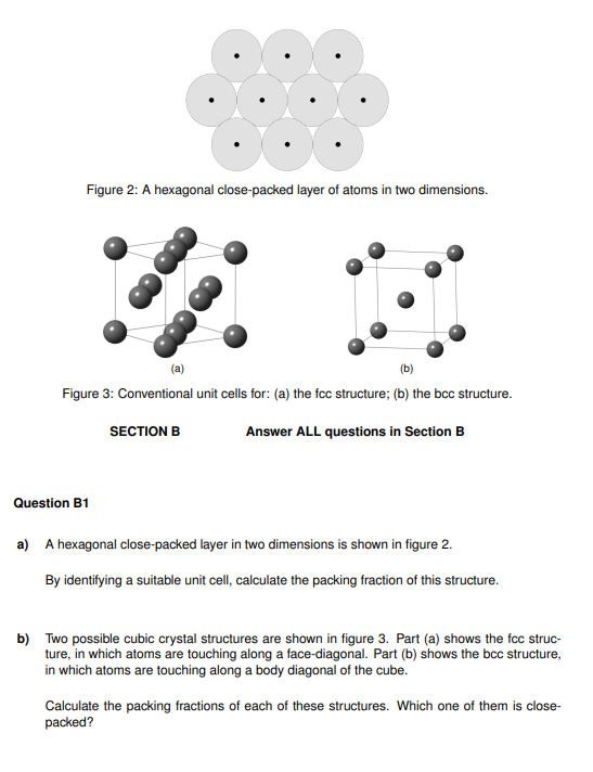 Figure 2: A hexagonal close-packed layer of atoms in two dimensions.
(a)
(b)
Figure 3: Conventional unit cells for: (a) the fcc structure; (b) the bcc structure.
Answer ALL questions in Section B
Question B1
SECTION B
a) A hexagonal close-packed layer in two dimensions is shown in figure 2.
By identifying a suitable unit cell, calculate the packing fraction of this structure.
b) Two possible cubic crystal structures are shown in figure 3. Part (a) shows the fcc struc-
ture, in which atoms are touching along a face-diagonal. Part (b) shows the bcc structure,
in which atoms are touching along a body diagonal of the cube.
Calculate the packing fractions of each of these structures. Which one of them is close-
packed?