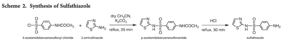 Scheme 2. Synthesis of Sulfathiazole
dry CH3CN,
K2CO3
HCI
CI-
NHCOCH3
+
-NHCOCH3
-NH2
NH2 reflux, 25 min
reflux, 30 min
4-acetamidobenzenesulfonyl chloride
2-aminothiazole
p-acetamidobenzenesulfonamide
sulfathiazole
