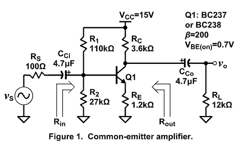 Vcc=15V
Q1: BC237
Rc
3.6kQ
or BC238
B=200
VBE(on)=0.7V
R1
110KQ
Rs
Cci
1000 4.7µF
Cco
4.7µF
R2
·27kΩ
RE
1.2kQ
RL
12kΩ
Vs
Rin
Rout
Figure 1. Common-emitter amplifier.
2)
