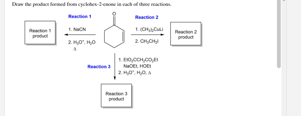 Draw the product formed from cyclohex-2-enone in each of three reactions.
Reaction 1
Reaction 2
Reaction 1
1. NaCN
1. (CH3)2CuLi
Reaction 2
product
product
2. H3O*, H20
2. CH3CH21
A
1. EtO,CCH,CO¿Et
NaOEt, HOET
2. Hао", Н-0, д
Reaction 3
Reaction 3
product
