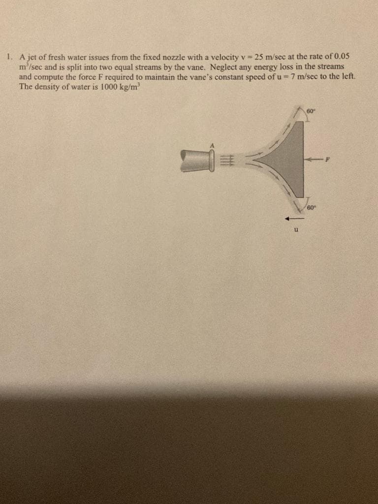 1. A jet of fresh water issues from the fixed nozzle with a velocity v = 25 m/sec at the rate of 0.05
m³/sec and is split into two equal streams by the vane. Neglect any energy loss in the streams
and compute the force F required to maintain the vane's constant speed of u = 7 m/sec to the left.
The density of water is 1000 kg/m³
11
60⁰