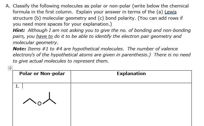 A. Classify the following molecules as polar or non-polar (write below the chemical
formula in the first column. Explain your answer in terms of the (a) Lewis
structure (b) molecular geometry and (c) bond polarity. (You can add rows if
you need more spaces for your explanation.)
Hint: Although I am not asking you to give the no. of bonding and non-bonding
pairs, you have to do it to be able to identify the electron pair geometry and
molecular geometry.
Note: Items #1 to #4 are hypothetical molecules. The number of valence
electron/s of the hypothetical atoms are given in parenthesis.) There is no need
to give actual molecules to represent them.
Polar or Non-polar
Explanation
1.
nod
