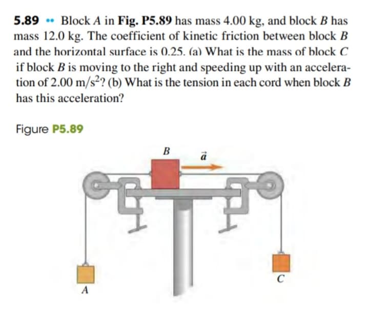 5.89 .
Block A in Fig. P5.89 has mass 4.00 kg, and block B has
mass 12.0 kg. The coefficient of kinetic friction between block B
and the horizontal surface is 0.25. (a) What is the mass of block C
if block B is moving to the right and speeding up with an accelera-
tion of 2.00 m/s?? (b) What is the tension in each cord when block B
has this acceleration?
Figure P5.89
B
C
A
