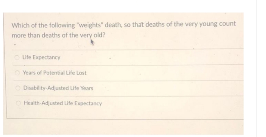 Which of the following "weights" death, so that deaths of the very young count
more than deaths of the very old?
O Life Expectancy
Years of Potential Life Lost
O Disability-Adjusted Life Years
O Health-Adjusted Life Expectancy
