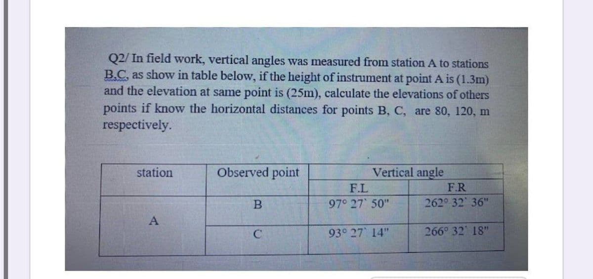 Q2/ In field work, vertical angles was measured from station A to stations
B.C, as show in table below, if the height of instrument at point A is (1.3m)
and the elevation at same point is (25m), calculate the elevations of others
points if know the horizontal distances for points B, C, are 80, 120, m
respectively.
station
Observed point
Vertical angle
F.L
F.R
B
97° 27 50"
262° 32 36"
93° 27 14"
266° 32 18"
