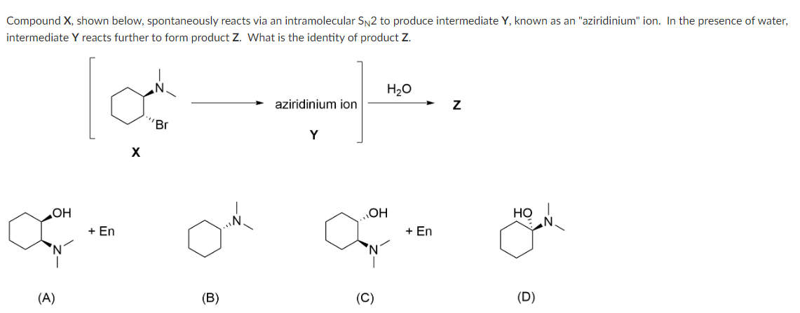 Compound X, shown below, spontaneously reacts via an intramolecular SN2 to produce intermediate Y, known as an "aziridinium" ion. In the presence of water,
intermediate Y reacts further to form product Z. What is the identity of product Z.
OH
(A)
+ En
Br
O
(B)
aziridinium ion
Y
OH
(C)
H₂O
+ En
Z
HO