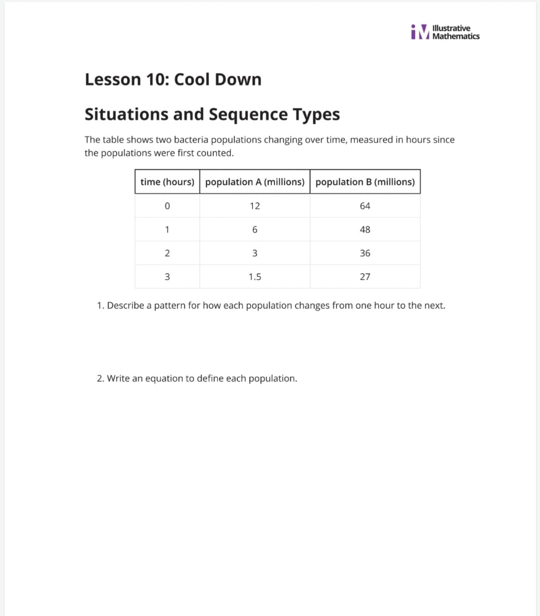 Illustrative
MMathematics
Lesson 10: Cool Down
Situations and Sequence Types
The table shows two bacteria populations changing over time, measured in hours since
the populations were first counted.
time (hours) population A (millions) population B (millions)
12
64
1
48
2
36
1.5
27
1. Describe a pattern for how each population changes from one hour to the next.
2. Write an equation to define each population.
