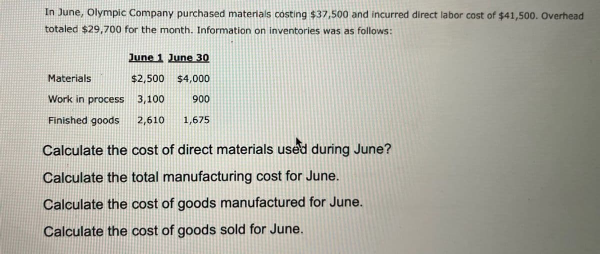 In June, Olympic Company purchased materials costing $37,500 and incurred direct labor cost of $41,500. Overhead
totaled $29,700 for the month. Information on inventories was as follows:
June 1 June 30
Materials
$2,500 $4,000
Work in process
3,100
900
Finished goods 2,610
1,675
Calculate the cost of direct materials used during June?
Calculate the total manufacturing cost for June.
Calculate the cost of goods manufactured for June.
Calculate the cost of goods sold for June.