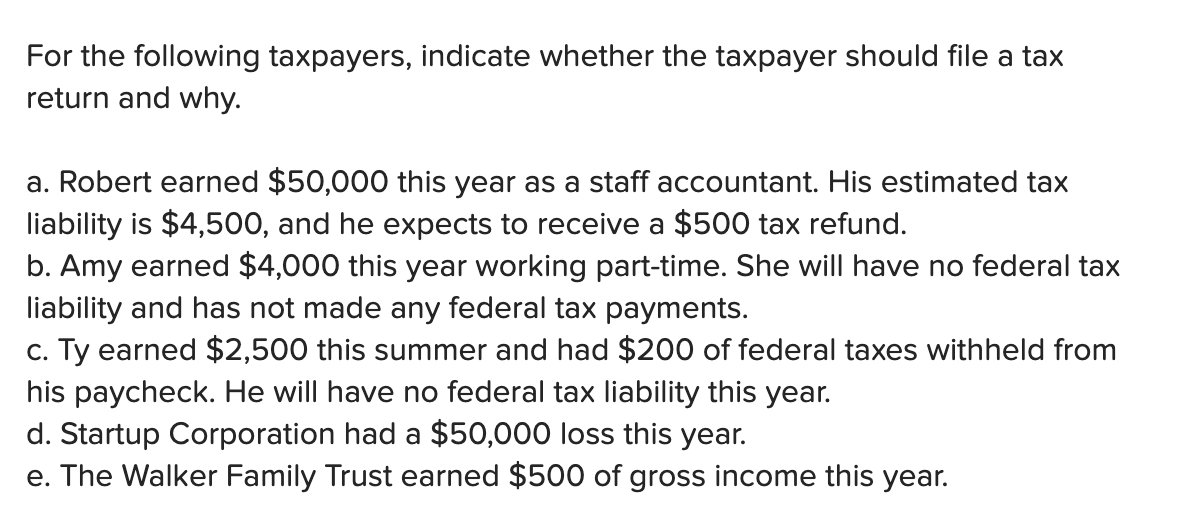 For the following taxpayers, indicate whether the taxpayer should file a tax
return and why.
a. Robert earned $50,000 this year as a staff accountant. His estimated tax
liability is $4,500, and he expects to receive a $500 tax refund.
b. Amy earned $4,000 this year working part-time. She will have no federal tax
liability and has not made any federal tax payments.
c. Ty earned $2,500 this summer and had $200 of federal taxes withheld from
his paycheck. He will have no federal tax liability this year.
d. Startup Corporation had a $50,000 loss this year.
e. The Walker Family Trust earned $500 of gross income this year.
