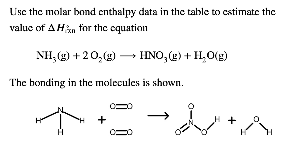 Use the molar bond enthalpy data in the table to estimate the
value of AHixn for the equation
rxr
NH, (g) + 20,(g) → HNO, (g) + H,O(g)
The bonding in the molecules is shown.
N.
H +
H.
