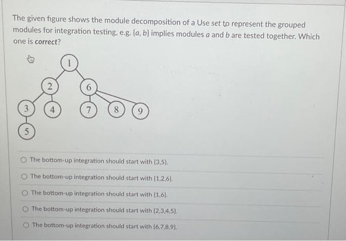 The given figure shows the module decomposition of a Use set to represent the grouped
modules for integration testing, e.g. {(a, b) implies modules a and b are tested together. Which
one is correct?
3
5
4
7
8 9
The bottom-up integration should start with (3.5).
The bottom-up integration should start with [1,2,6).
The bottom-up integration should start with (1,6).
The bottom-up integration should start with (2,3,4,5).
O The bottom-up integration should start with (6,7,8,9).