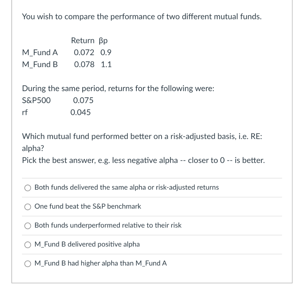 You wish to compare the performance of two different mutual funds.
Return ßp
M_Fund A
0.072 0.9
M_Fund B 0.078 1.1
During the same period, returns for the following were:
S&P500
rf
0.075
0.045
Which mutual fund performed better on a risk-adjusted basis, i.e. RE:
alpha?
Pick the best answer, e.g. less negative alpha closer to 0 -- is better.
Both funds delivered the same alpha or risk-adjusted returns
One fund beat the S&P benchmark
Both funds underperformed relative to their risk
M_Fund B delivered positive alpha
M_Fund B had higher alpha than M_Fund A