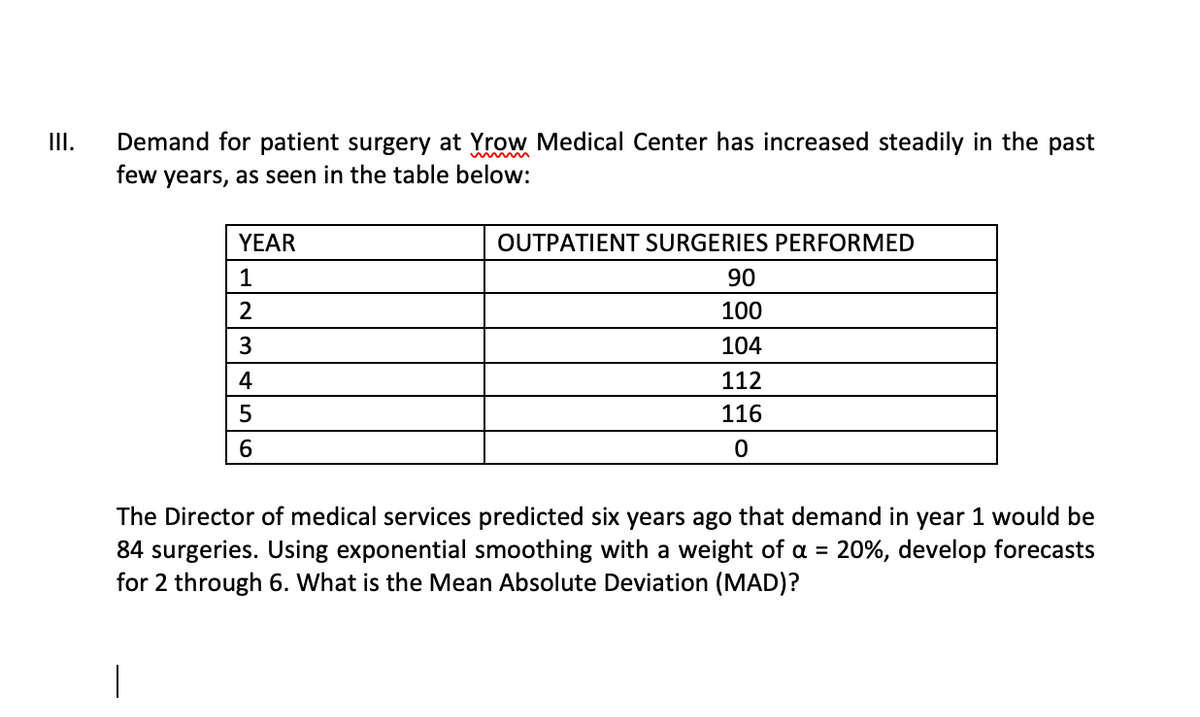 III.
Demand for patient surgery at Yrow Medical Center has increased steadily in the past
few years, as seen in the table below:
YEAR
1
2
3
4
5
OUTPATIENT SURGERIES PERFORMED
90
100
104
112
116
0
The Director of medical services predicted six years ago that demand in year 1 would be
84 surgeries. Using exponential smoothing with a weight of a = 20%, develop forecasts
for 2 through 6. What is the Mean Absolute Deviation (MAD)?