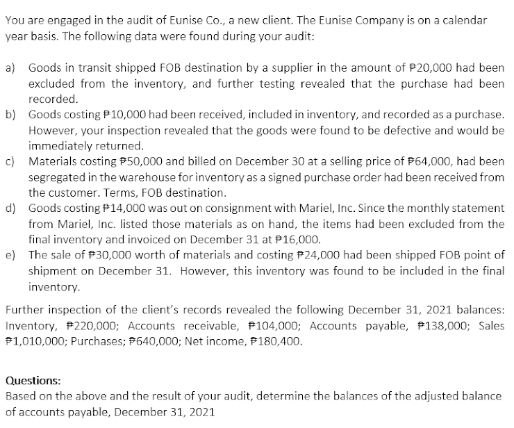 You are engaged in the audit of Eunise Co., a new client. The Eunise Company is on a calendar
year basis. The following data were found during your audit:
a) Goods in transit shipped FOB destination by a supplier in the amount of P20,000 had been
excluded from the inventory, and further testing revealed that the purchase had been
recorded.
b) Goods costing P10,000 had been received, included in inventory, and recorded as a purchase.
However, your inspection revealed that the goods were found to be defective and would be
immediately returned.
c) Materials costing #50,000 and billed on December 30 at a selling price of #64,000, had been
segregated in the warehouse for inventory as a signed purchase order had been received from
the customer. Terms, FOB destination.
d) Goods costing P14,000 was out on consignment with Mariel, Inc. Since the monthly statement
from Mariel, Inc. listed those materials as on hand, the items had been excluded from the
final inventory and invoiced on December 31 at P16,000.
e) The sale of P30,000 worth of materials and costing P24,000 had been shipped FOB point of
shipment on December 31. However, this inventory was found to be included in the final
inventory.
Further inspection of the clients records revealed the following December 31, 2021 balances:
Inventory, P220,000; Accounts receivable, P104,000; Accounts payable, P138,000; Sales
P1,010,000; Purchases; P640,000; Net income, F180,400.
Questions:
Based on the above and the result of your audit, determine the balances of the adjusted balance
of accounts payable, December 31, 2021
