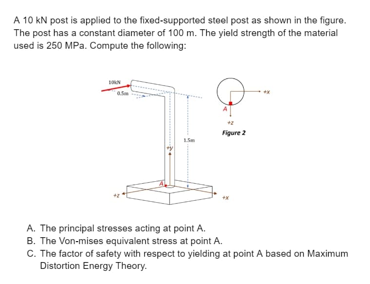 A 10 kN post is applied to the fixed-supported steel post as shown in the figure.
The post has a constant diameter of 100 m. The yield strength of the material
used is 250 MPa. Compute the following:
10KN
0.5m
+2
1.5m
+Z
Figure 2
+X
A. The principal stresses acting at point A.
B. The Von-mises equivalent stress at point A.
+X
C. The factor of safety with respect to yielding at point A based on Maximum
Distortion Energy Theory.