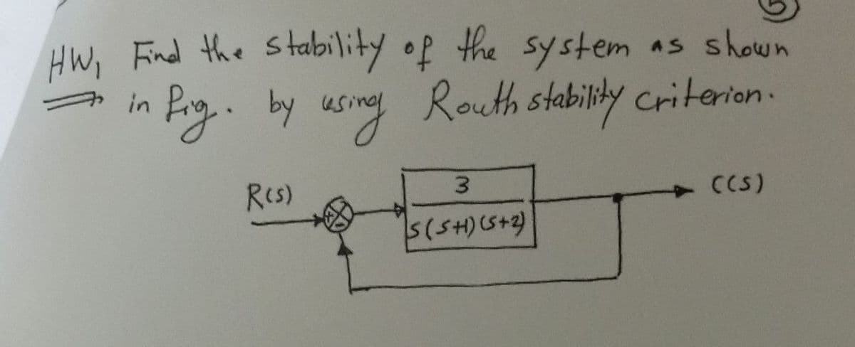 HW, Find the S tability of the system as shown
a in
Fy. by using Routh stability Criterion.
Res)
3.
CCS)
5(SH)(S+2)
