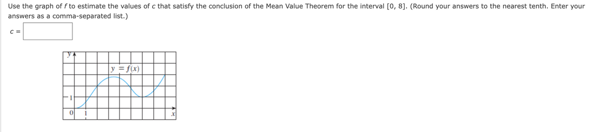 Use the graph of f to estimate the values of c that satisfy the conclusion of the Mean Value Theorem for the interval [0, 8]. (Round your answers to the nearest tenth. Enter your
answers as a comma-separated list.)
C =
1
0
y = f(x)