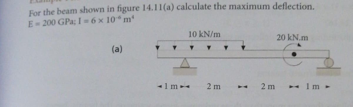 For the beam shown in figure 14.11(a) calculate the maximum deflection.
E = 200 GPa; I=6×10*m*
(a)
-1m-
10 kN/m
2 m
Y
7
2 m
20 kN.m
- 1m -