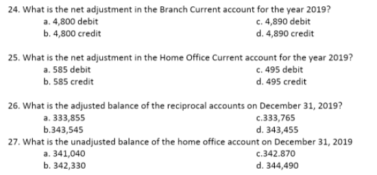 24. What is the net adjustment in the Branch Current account for the year 2019?
a. 4,800 debit
b. 4,800 credit
c. 4,890 debit
d. 4,890 credit
25. What is the net adjustment in the Home Office Current account for the year 2019?
a. 585 debit
c. 495 debit
d. 495 credit
b. 585 credit
26. What is the adjusted balance of the reciprocal accounts on December 31, 2019?
a.
333,855
b.343,545
c.333,765
d. 343,455
27. What is the unadjusted balance of the home office account on December 31, 2019
a. 341,040
c.342.870
d. 344,490
b. 342,330