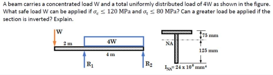 A beam carries a concentrated load W and a total uniformly distributed load of 4W as shown in the figure.
What safe load W can be applied if o ≤ 120 MPa and a ≤ 80 MPa? Can a greater load be applied if the
ot
section is inverted? Explain.
W
2 m
R₁
4W
4 m
R₂
75 mm
TE
ΝΑ
125 mm
INA= 24 x 10 mm