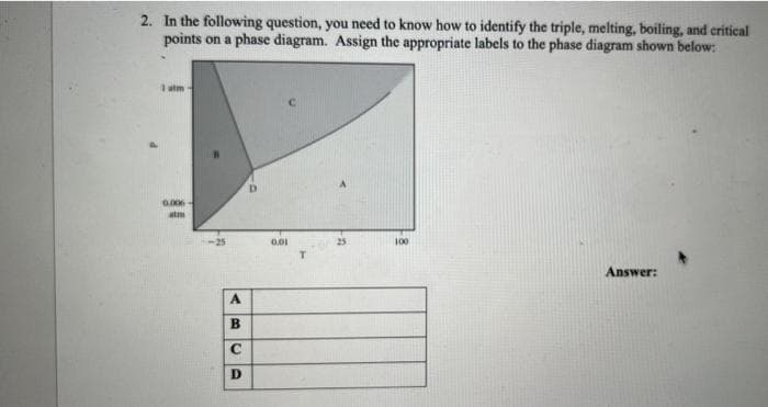 2. In the following question, you need to know how to identify the triple, melting, boiling, and critical
points on a phase diagram. Assign the appropriate labels to the phase diagram shown below:
atm
0.006-
atm
A
B
C
D
0.01
100
Answer: